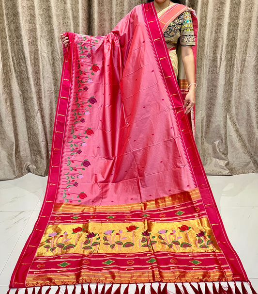 Tripal Muniya Paithani Saree - Soft Silk, Meenakari Lotus Work