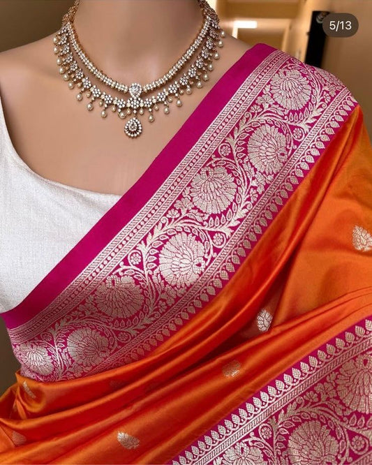 Soft Banarasi Silk Saree - Self Weave Design, Zari Pallu