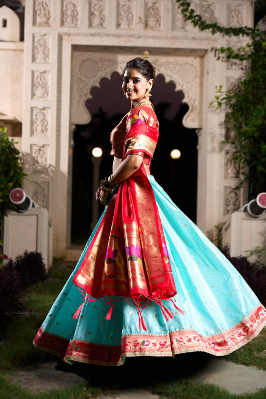 Sky Blue & Red Paithani Silk Weaving Festive Lehenga Set