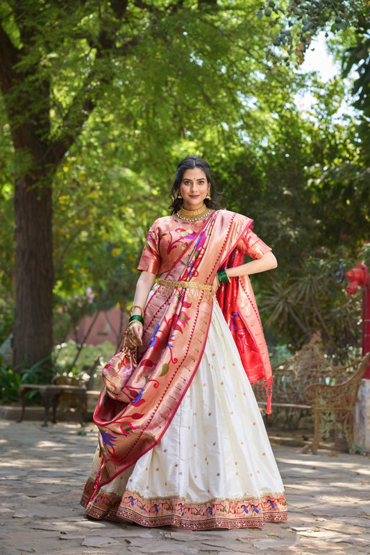 White Paithani Lehenga Choli - Jacquard Silk, Stitched