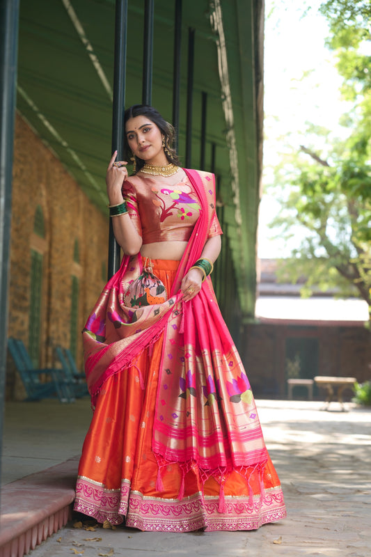 Orange Paithani Lehenga Choli - Jacquard Silk, Stitched