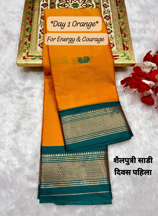 Navratri 9 Colours Kadiyal Mor Paithani Saree – Soft Silk, Mor Butta (Set 1)