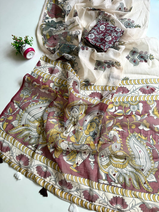 Kalamkari Printed Linen Saree – Floral Print, Mirror Work, Soft Cotton Linen
