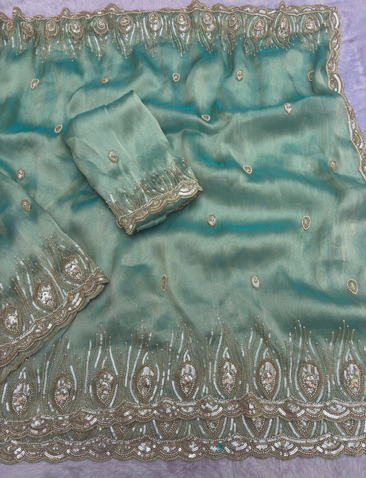 Premium Designer Scuba Silk Saree - Pearl Work, Beads and Sequin