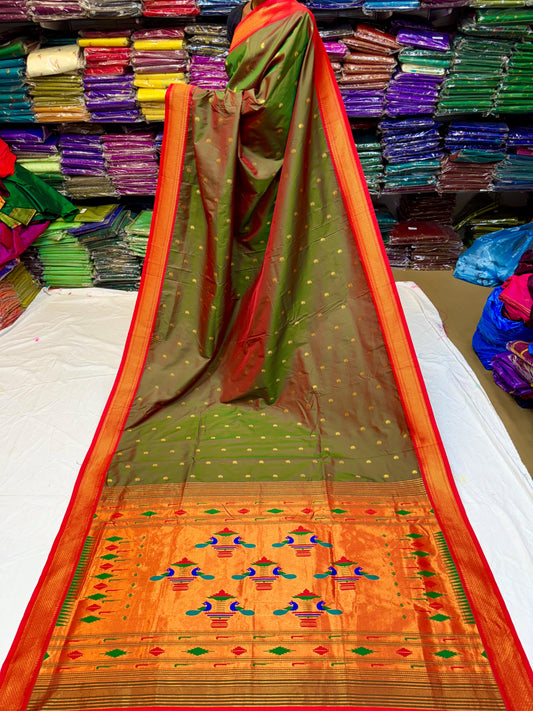 Semi Yeola Paithani Saree - Double Pallu, Soft Silk, Zari Butti