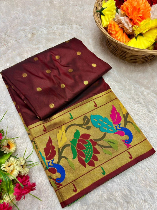 Peacock Lotus Brocade Paithani Saree - Soft Silk, All-Over Butta