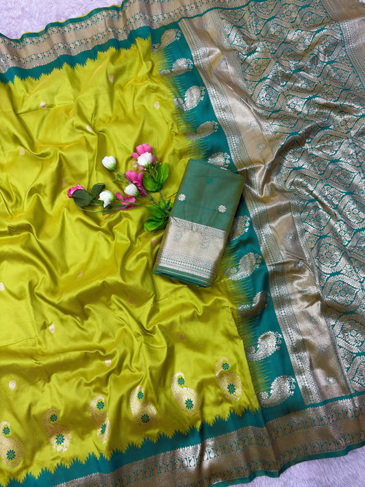 Asha Banarasi Soft Silk Saree - Zari Motifs, Meenakari Border