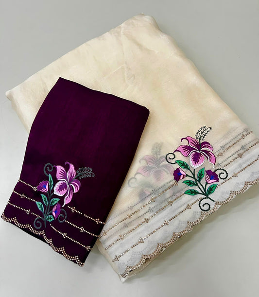 Crunchy Party Wear Saree - Sticker Batta, Sivaki Border, Designer Blouse