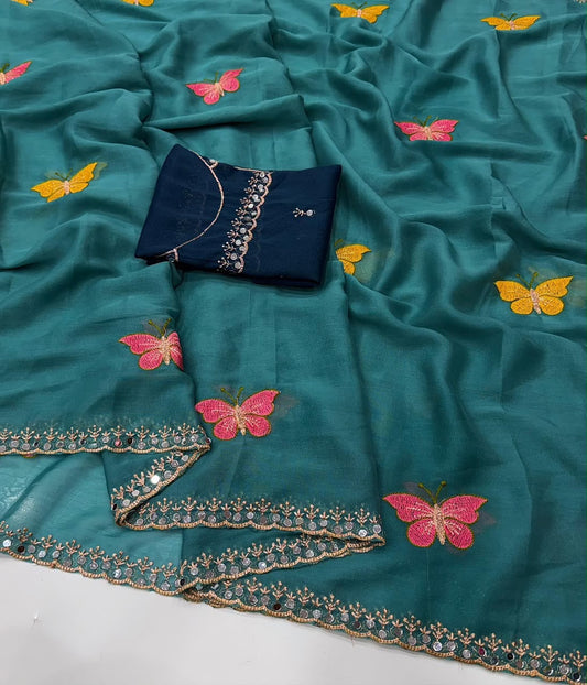 Butterfly Georgette Saree - Star Georgette, Butterfly Work, Diamond Blouse