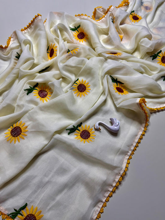 Sunflower Embroidered Georgette Saree – Pure White, Banarasi Silk Contrast