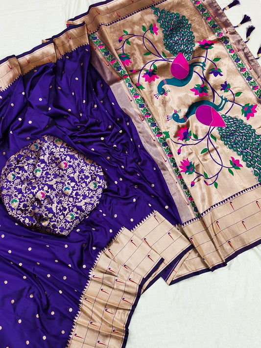 Tripal Muniya Paithani Saree – Gold Zari, Meenakari Pallu, Soft Silk