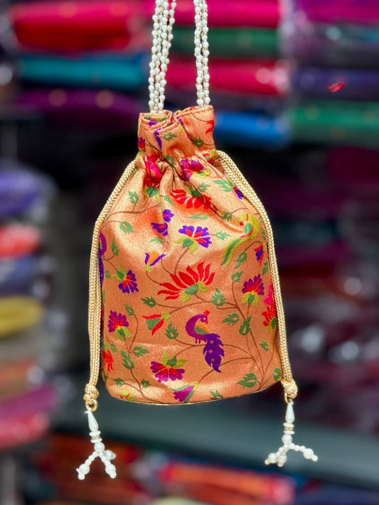 Paithani Batwa (Potli) - Soft Silk Tissue, Golden Zari
