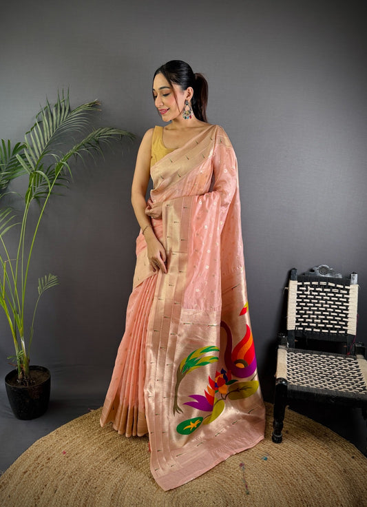 Tissue Paithani Saree - Mina Butti, Zari Weaving, Brocade Blouse