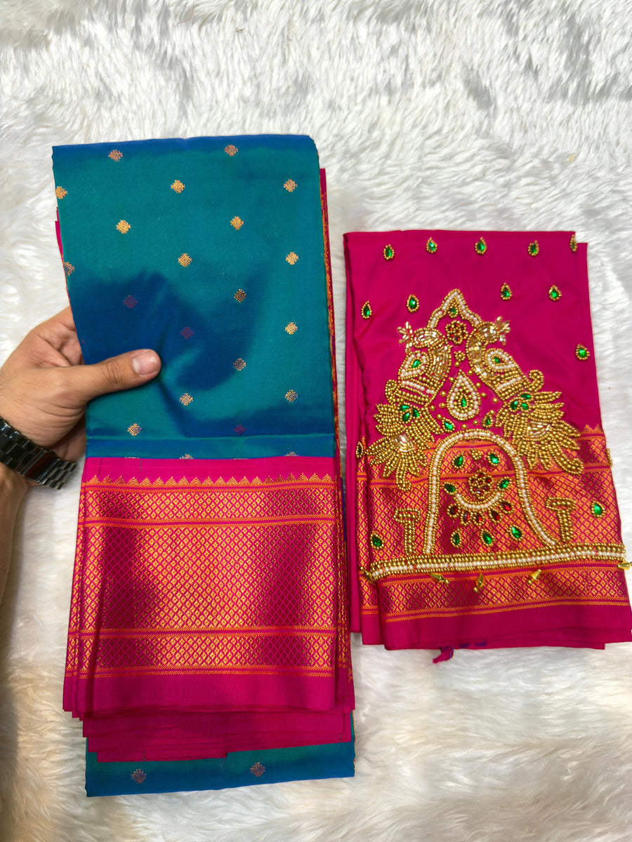 Trisha Kalanjali Paithani Saree – Contrast Border, Aari Work, Double Pallu