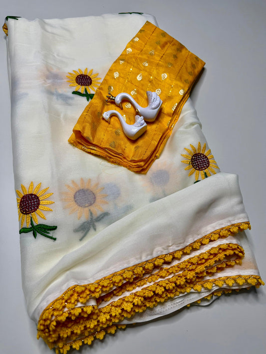 Sunflower Embroidered Georgette Saree – Pure White, Banarasi Silk Contrast