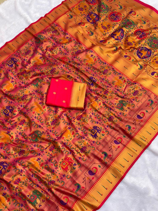 Brocade Muniya Paithani Saree - Pure Tissue Silk, Zari Weaving, 5.5m