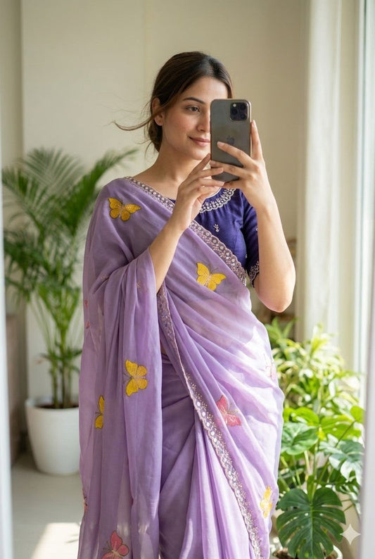 Butterfly Georgette Saree - Star Georgette, Butterfly Work, Diamond Blouse