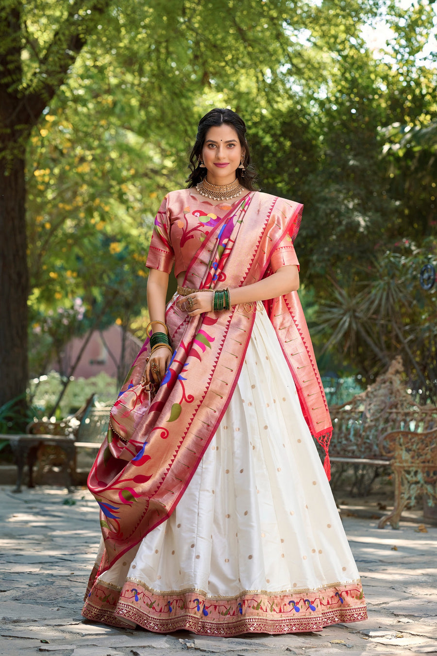White Paithani Lehenga Choli - Jacquard Silk, Stitched