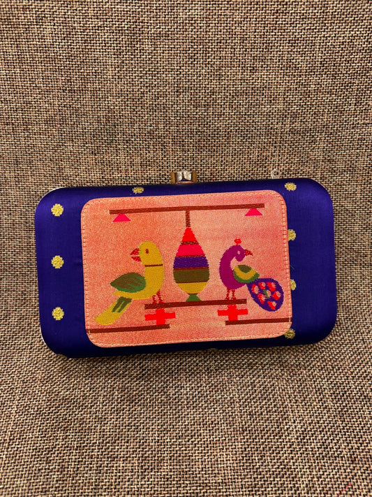Paithani Clutch Purse - Peacock Tissue Design, Semi Silk