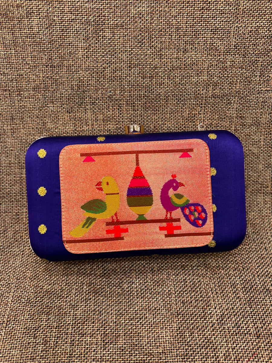 Paithani Clutch Purse - Peacock Tissue Design, Semi Silk