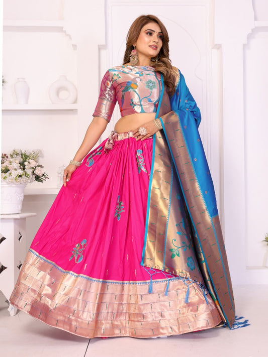 Traditional Silk Woven Festive Lehenga Choli in Pink & Blue