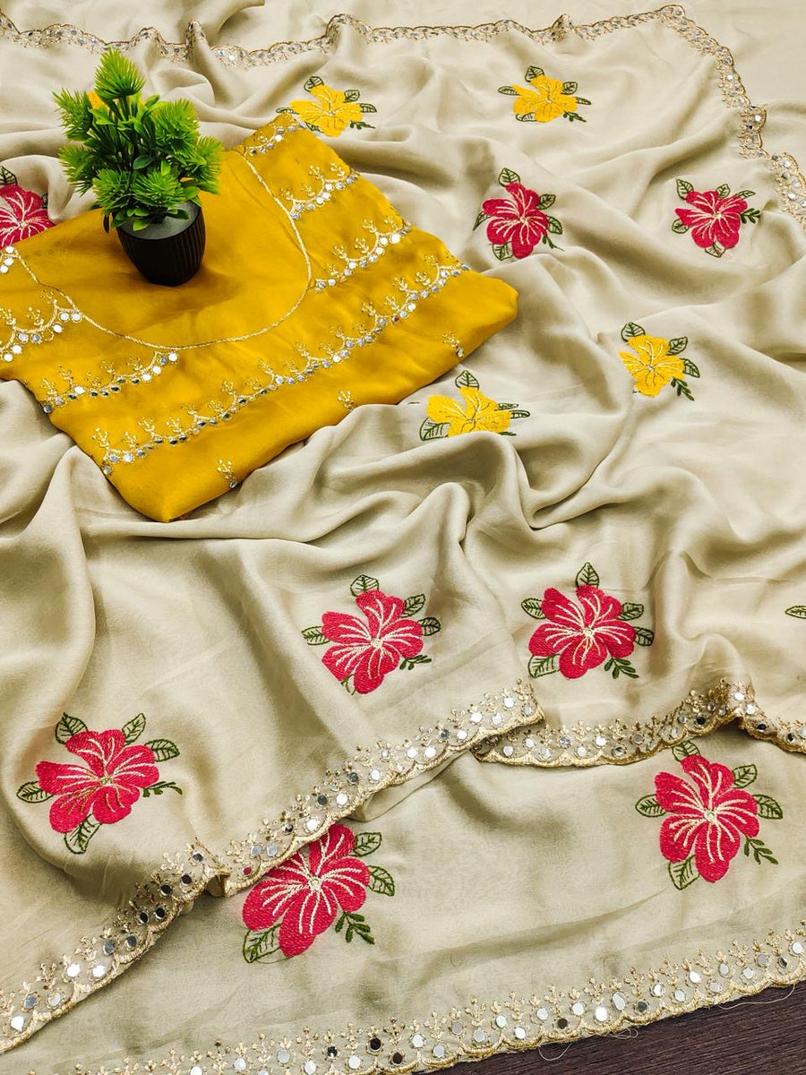 Designer Party Wear Saree - Rangoli Floral Embroidery, Real Mirror Work