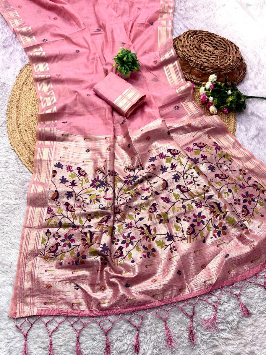 Soft Moonga Cotton Paithani Saree - Zari Butta, Running Blouse
