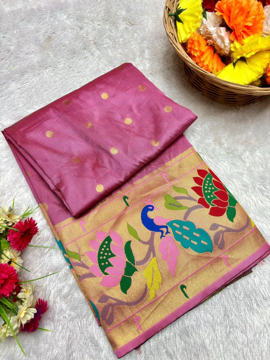 Peacock Lotus Brocade Paithani Saree - Soft Silk, All-Over Butta