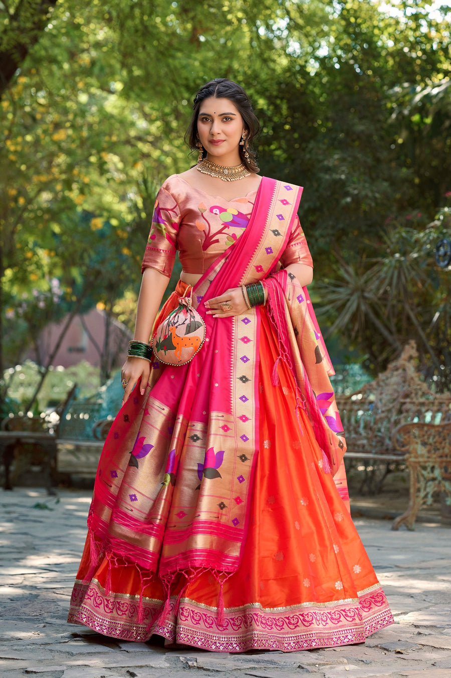 Orange Paithani Lehenga Choli - Jacquard Silk, Stitched