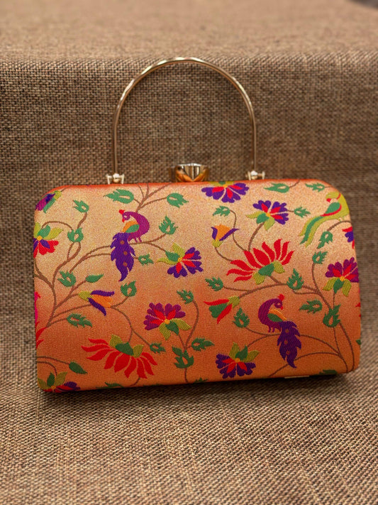 Premium Paithani Clutch - Golden Zari, Birds and Floral Design