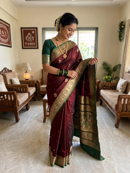 Premium Jijau Peshwai Satin Silk Saree with Contrast Blouse