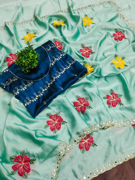 Designer Party Wear Saree - Rangoli Floral Embroidery, Real Mirror Work
