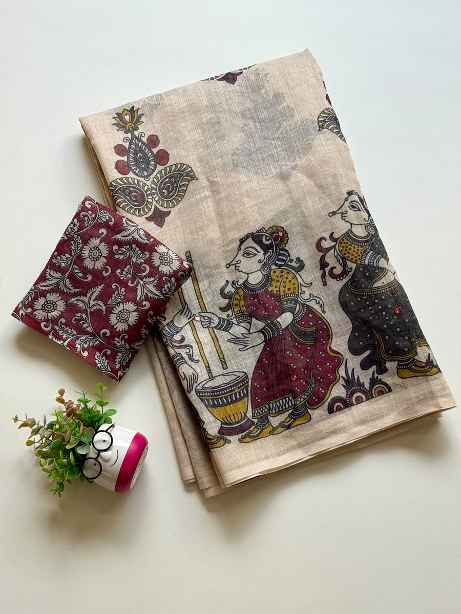 Kalamkari Printed Linen Saree – Floral Print, Mirror Work, Soft Cotton Linen