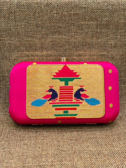 Paithani Clutch Purse - Peacock Tissue Design, Semi Silk