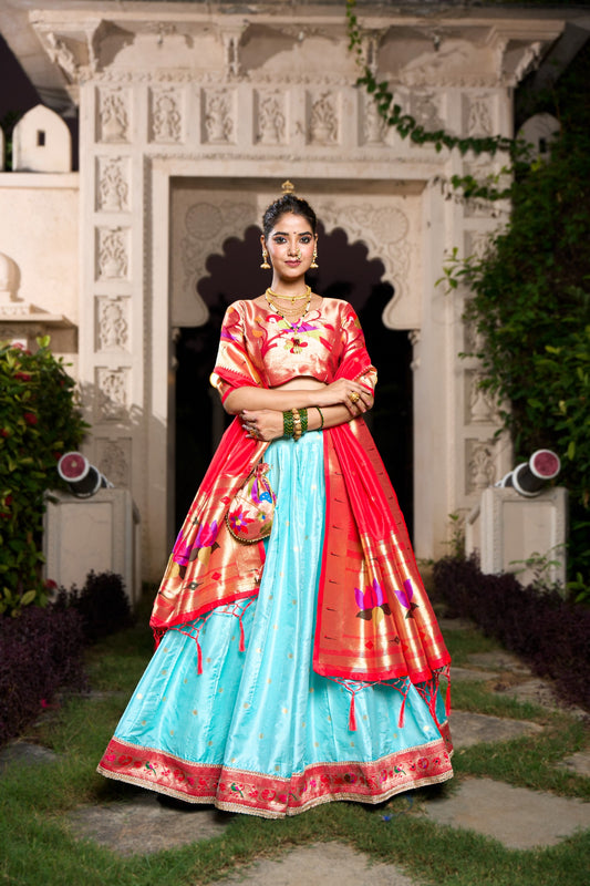 Sky Blue & Red Paithani Silk Weaving Festive Lehenga Set