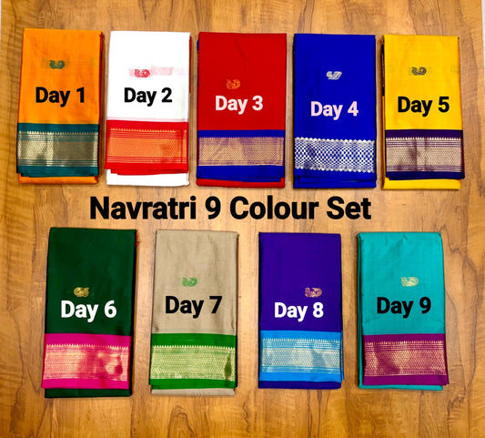 Navratri 9 Colours Kadiyal Mor Paithani Saree – Soft Silk, Mor Butta (Set 1)