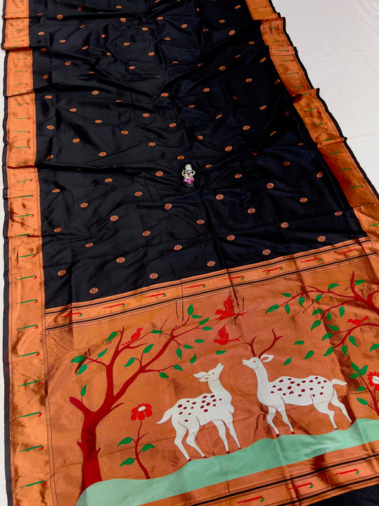 Pooja Muniya Paithani Saree - Katan Silk, Deer Pallu, Allover Zari Butti