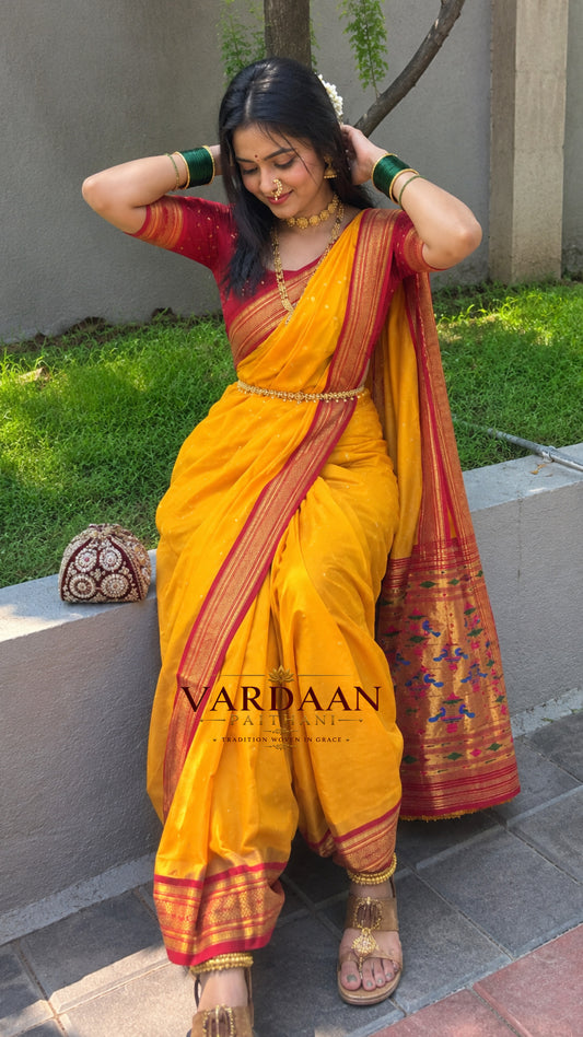 Nauvari 9 Yard Paithani Saree - Double Pallu, Soft Silk, Meena Pallu