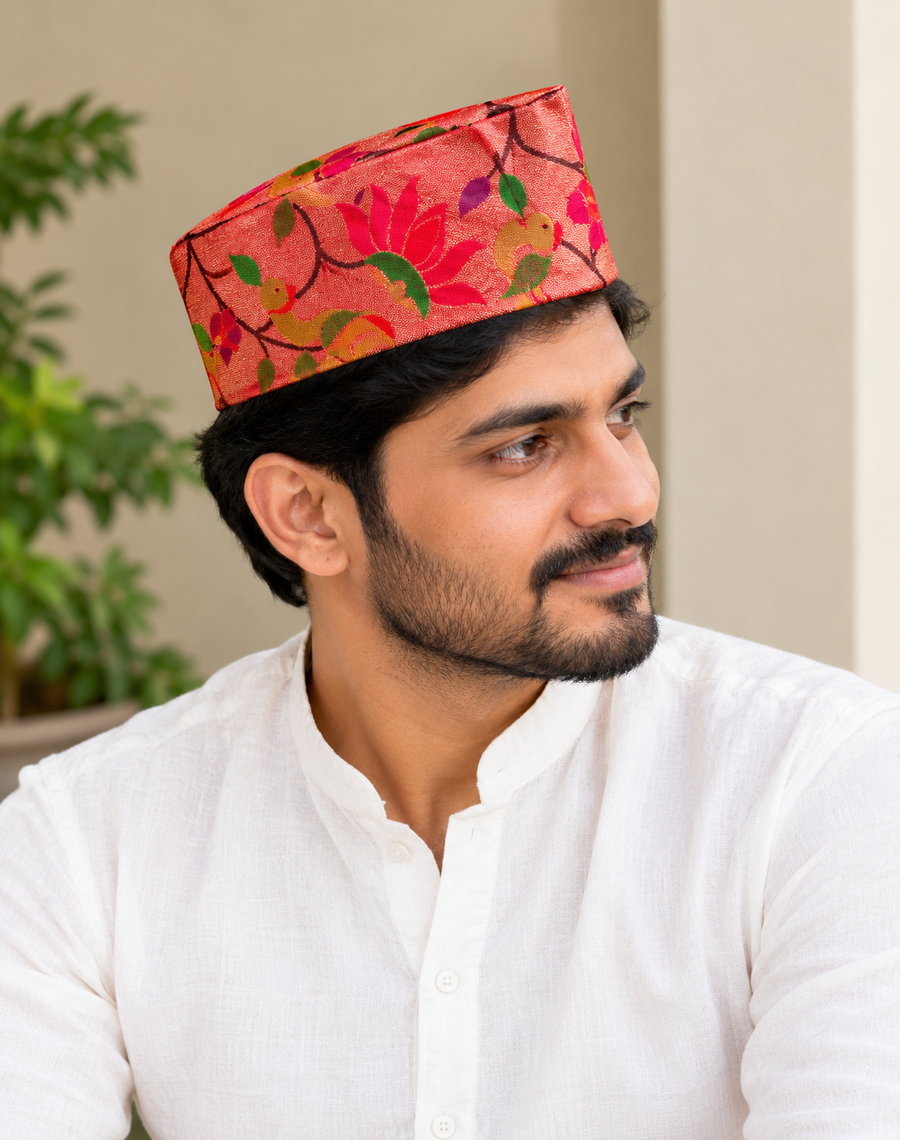 Mens Paithani Cap (Topi) - Free Size, All-Over Buttis, Golden Zari