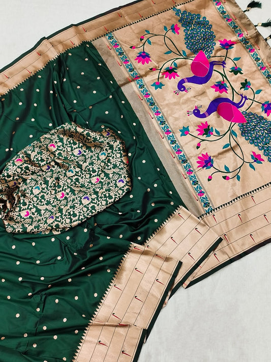 Tripal Muniya Paithani Saree – Gold Zari, Meenakari Pallu, Soft Silk
