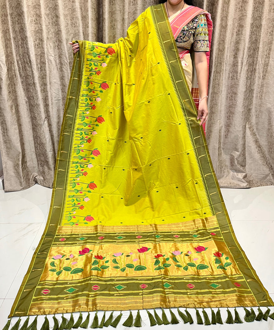 Tripal Muniya Paithani Saree - Soft Silk, Meenakari Lotus Work