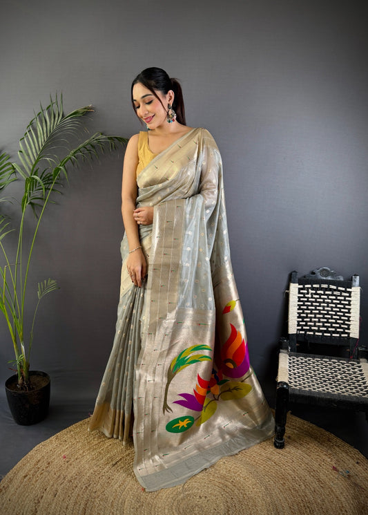 Tissue Paithani Saree - Mina Butti, Zari Weaving, Brocade Blouse