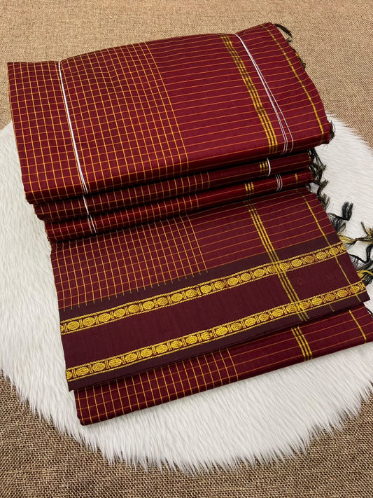 Arani Cotton Gadwal Saree - All-Over Check Body, Ghonda Work