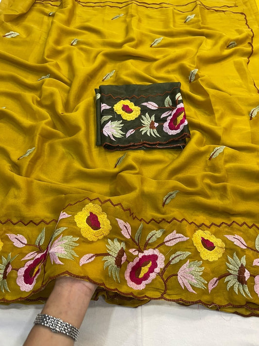 Star Georgette Saree - Multi Embroidery Work, Contrast Running Blouse