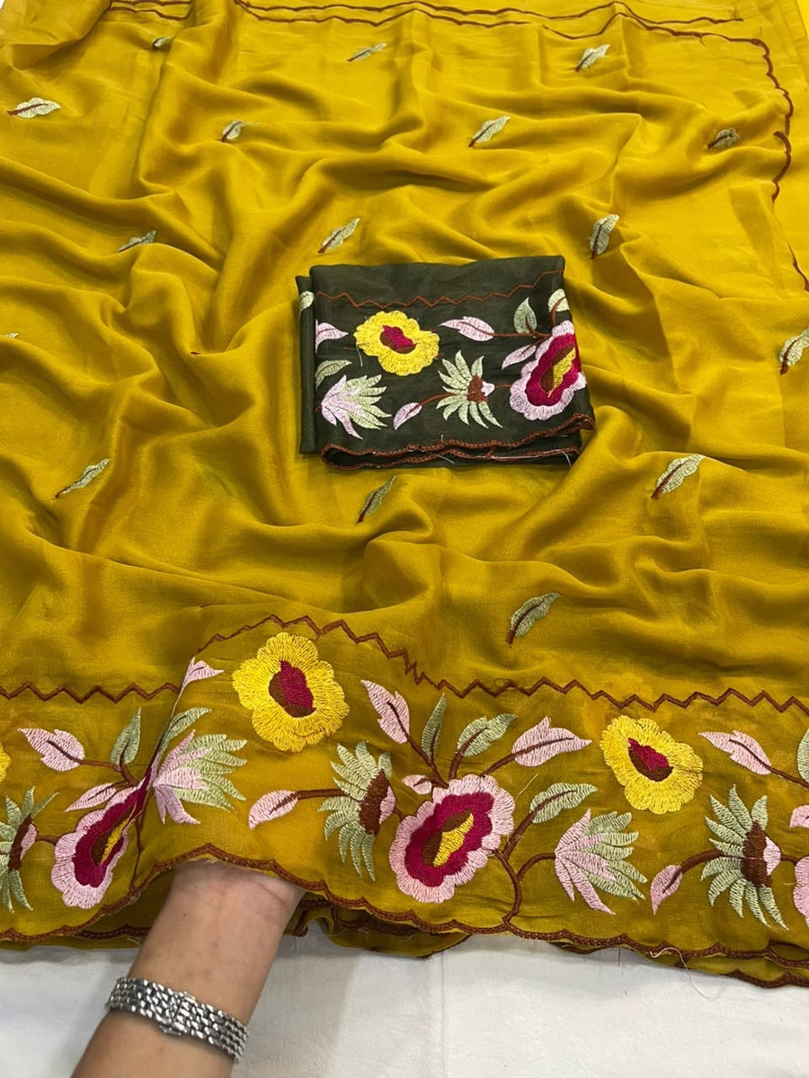 Star Georgette Saree - Multi Embroidery Work, Contrast Running Blouse