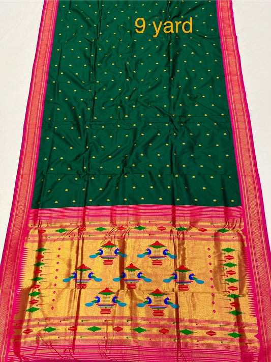 Nauvari 9 Yard Paithani Saree - Double Pallu, Soft Silk, Meena Pallu