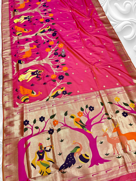 Half Allover Muniya Paithani Saree - Katan Silk, Meena and Zari Weaving