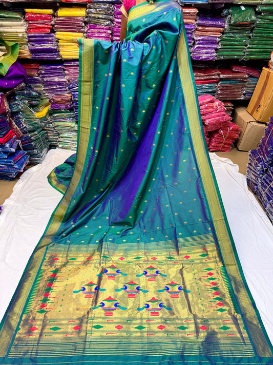 Semi Yeola Paithani Saree - Double Pallu, Soft Silk, Zari Butti