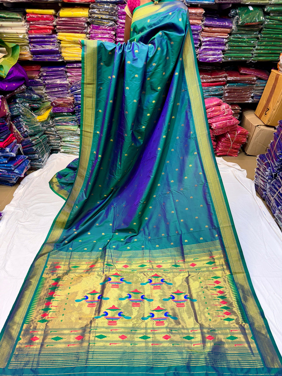 Semi Yeola Paithani Saree - Double Pallu, Soft Silk, Zari Butti