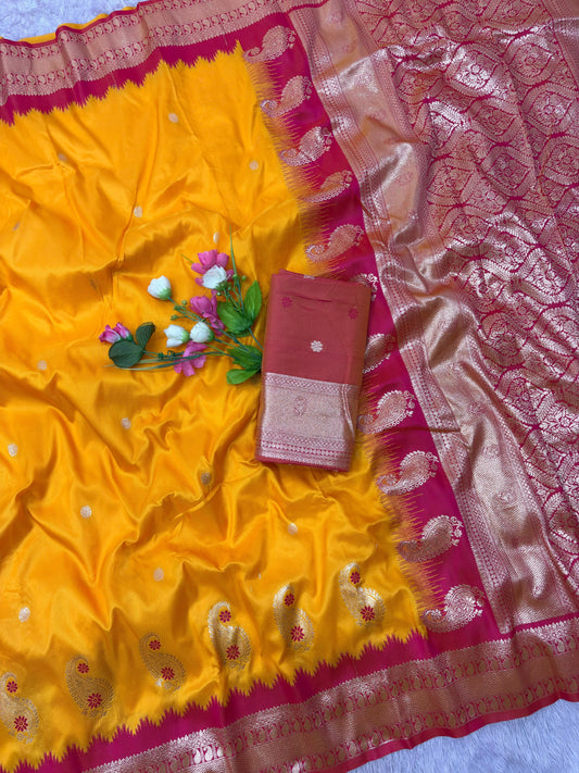 Asha Banarasi Soft Silk Saree - Zari Motifs, Meenakari Border